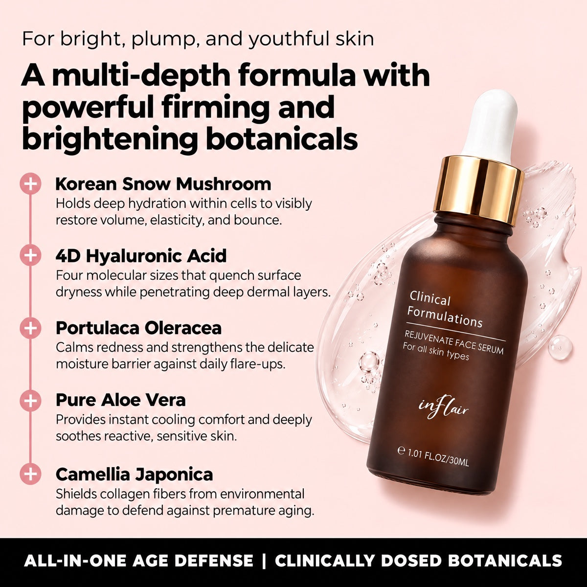 Key ingredients in InFlair Rejuvenate Face Serum: Korean snow mushroom, 4D hyaluronic acid, Portulaca oleracea, aloe vera and Camellia japonica